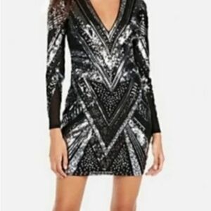 Express - Sparkling Black and Silver Sequent Long Sleeve Deep-V Dress